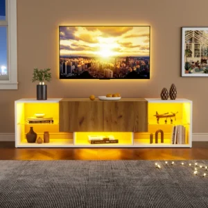 TV Stand with 2 Drawer,TV Cabinet Storage Sideboard with LED for livingroom bedroom,5 open storage areas,Wood and White,MDF