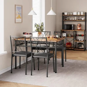 Retro Rectangular Dining Table Set with 4 Ergonomic Chairs, Metal Frame and Wooden Top - Perfect for Kitchen, Dining Room