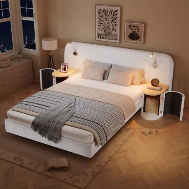 Upholstered bed, 4ft6 double bed 135×190cm, Bedside reading light, Includes bedside table, Velvet + Plywood, Beige