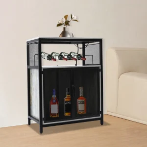Multifunctional Wine Bar Cabinet, Acts As Coffee Bar/Buffet/Sideboard, Plastic Anti-Slip Foot Mats, Raised Bottom, Dark Brown