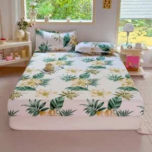 3PC Tropical Floral Fitted Sheet Set, Green Leaf Flower Printed Bedding Set with Pillowcases