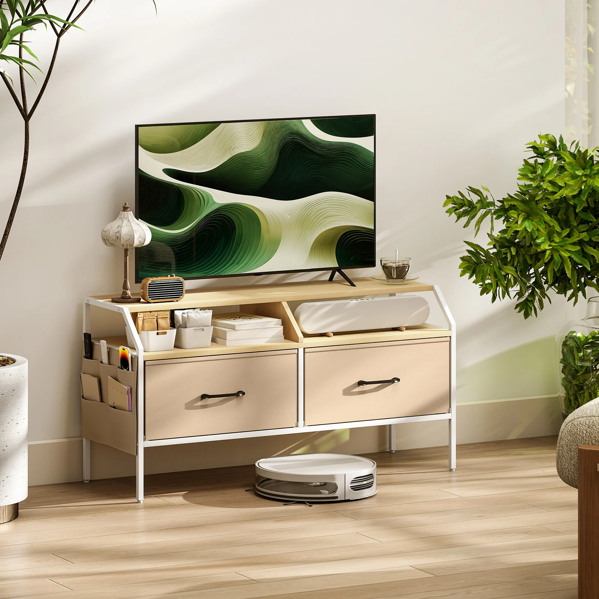 HOMCOM TV Stand Cabinet with 2 Foldable Drawers, Natural Wood Finish