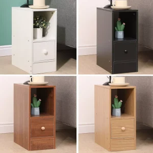 BonChoice Slim Tall Bedside Table Cabinet with Drawer & Storage Space for Bedroom, Narrow Sofa Side Table End Table