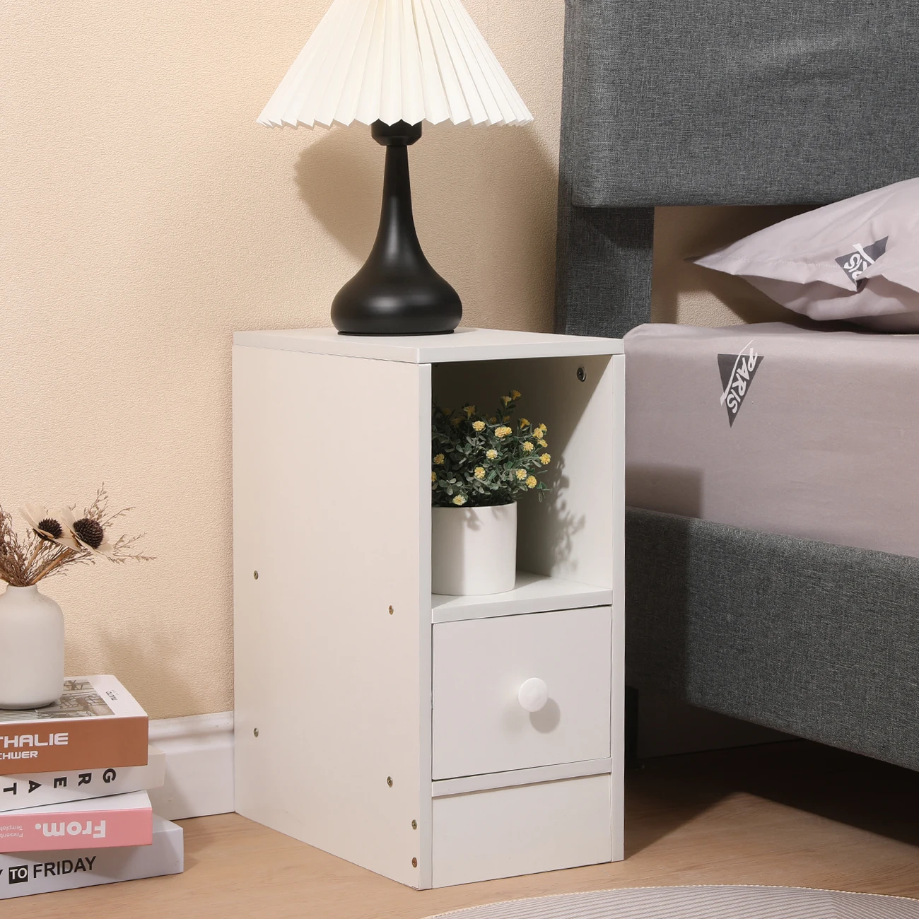 BonChoice Slim Tall Bedside Table Cabinet with Drawer & Storage Space for Bedroom, Narrow Sofa Side Table End Table - Image 2