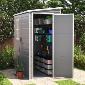 Plastic outdoor garden shed storage shed with locking door, vents, storage space for bicycles and gardening tools