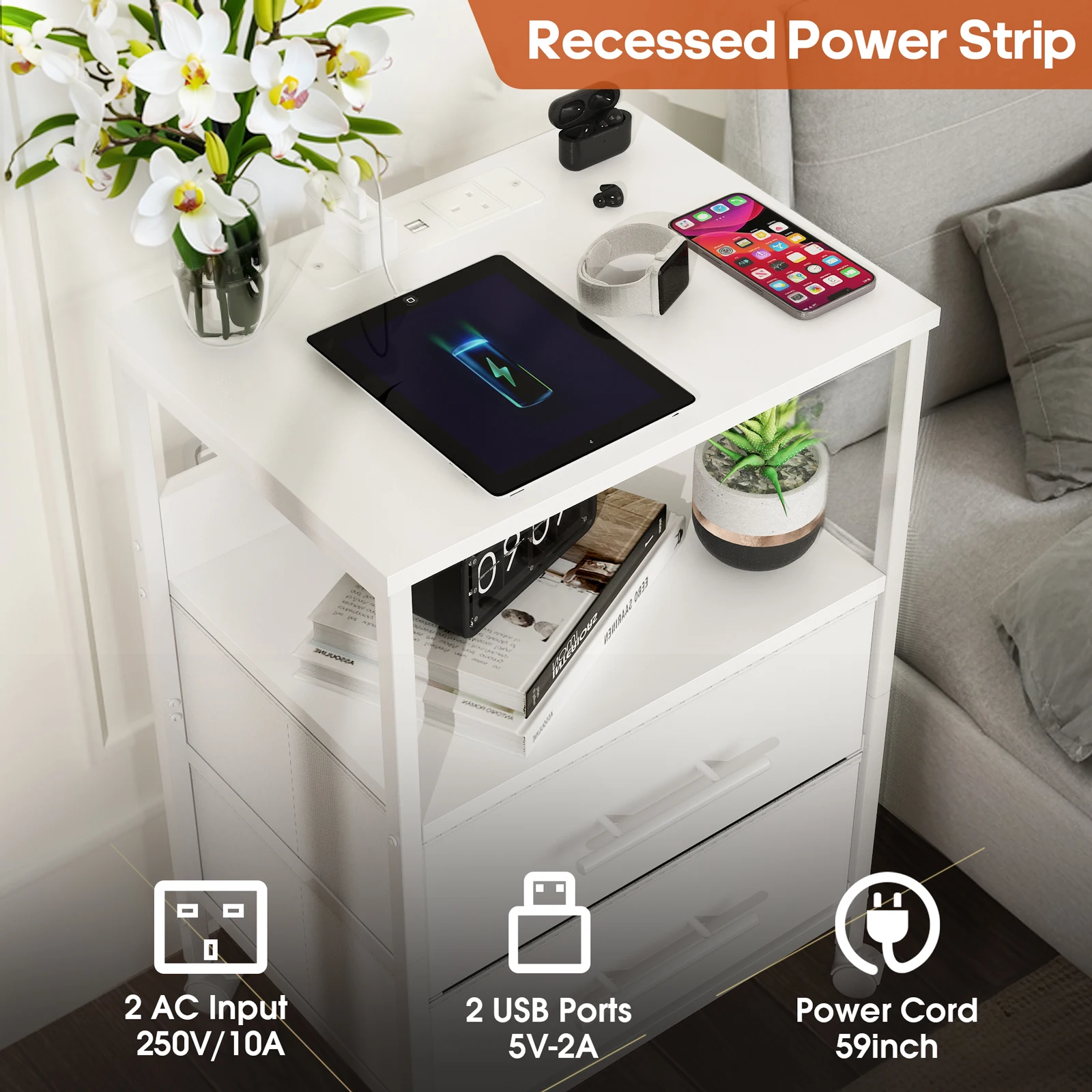Bedside Table With Charging Station Nightstand With 2 Outlets And 2 USB Ports With 4 Castors - Image 3