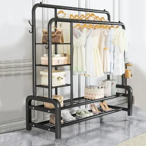 120KG Heavy Duty Clothes Rail Garment Shoe Rack 2Hanging Rods 4 Storage Shelves Display Stand Storage Shelf