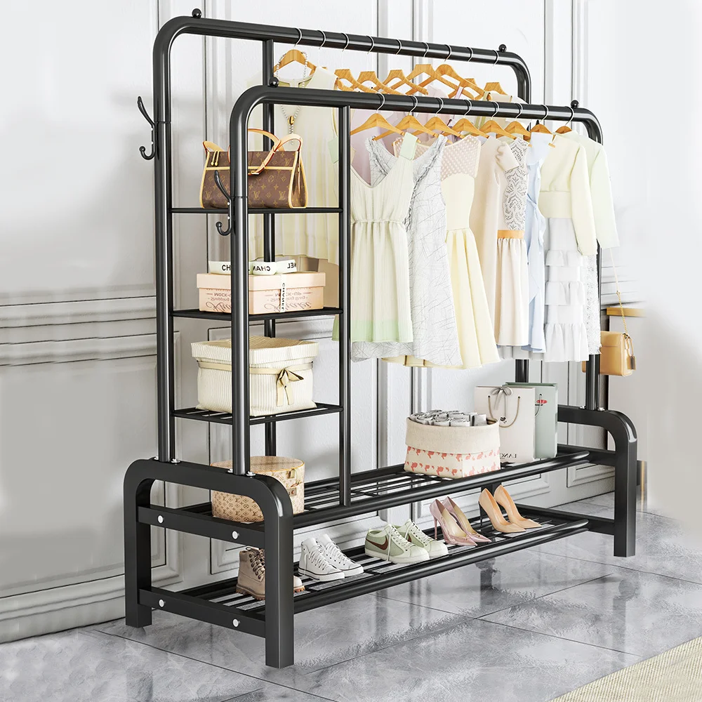 120KG Heavy Duty Clothes Rail Garment Shoe Rack 2Hanging Rods 4 Storage Shelves Display Stand Storage Shelf