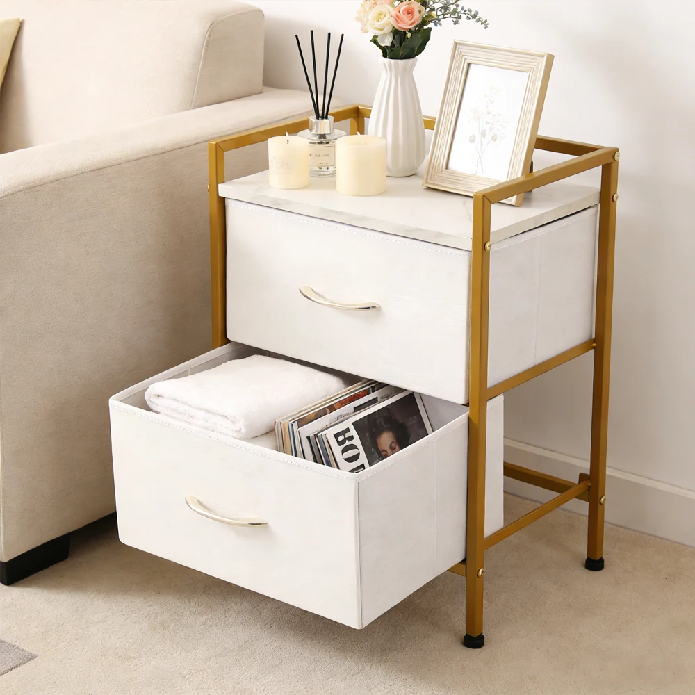 Nightstand With Fabric 2 Drawers,Sturdy Steel Frame,Organizer Unit for Bedroom, Living Room, Office - Image 3