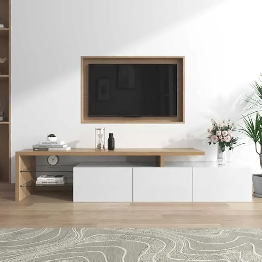 Modern TV Cabinet Design Stylish and Elegant Practical Storage High-gloss Wooden Look Glass Shelves LED Lighting (White) - Image 4