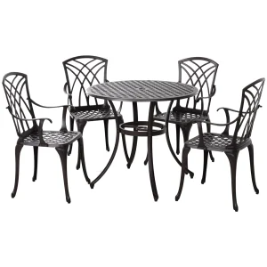 Outsunny 5 Pieces Garden Dining Set for 4, Cast Aluminium Outdoor Dining Set with 4 Armchairs and Round Dining Table, Brown