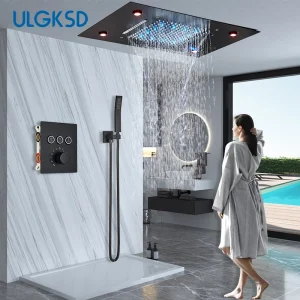 LED Shower Faucet Set Oversize Ceiling Mounted Mixer Taps Brass Waterfall Tub Spout Concealed Shower Systems For Bathroom Faucet