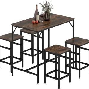 5-Piece Breakfast Bar Table and Stools Set, Kitchen Bar Table Set with High Table and 4 Stools, Space Saving Compact Dining