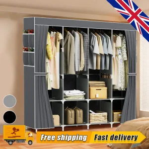 Large Fabric Canvas Wardrobe With Hanging Rail Shelving Clothes Storage Cupboard 4Row