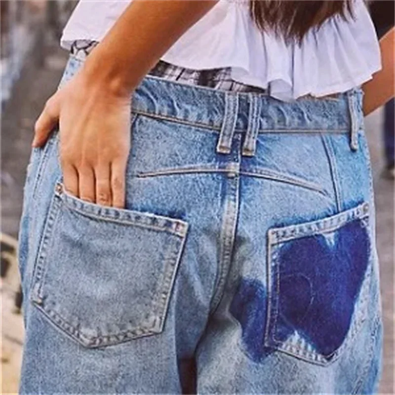 2024 Fashion Love Print Decoration Denim Pants Women Loose Straight Jeans Female Casual Midi Waist Trousers New Trend Streetwear - Image 4