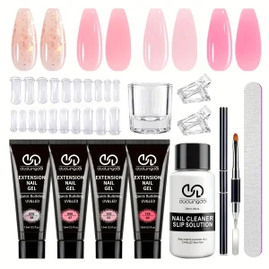 Poly Gel Nail Kit Starter with 4 Colors (Natural Clear + 3 Tones) - Quick Dry Nail Polish, / Curable DIY Gel Nail Polish for
