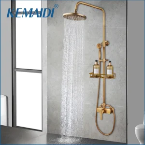 KEMAIDI Antique Shower Set Bathroom Bath Shower Faucet W/Shelf Rainfall Brass Hot Cold Water Mixer Tap Sliding Bar Shower System