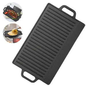 Cast Iron Grill Meat Plate Barbecue Pan Camping Board Double-Sided Grill Pan for Outdoor Cassette Stove and Induction