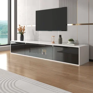 PINGGO Living Room TV Cabinet White Cabinet Body And High Gloss Black Cabinet Door Match With Color Changing LED Lights