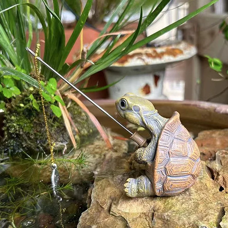 Creative Rope Fishing Turtle Statue Cute Simulation Turtle Resin Figurine Animal Sculpture Ornament Outdoor Home Garden Decor - Image 3