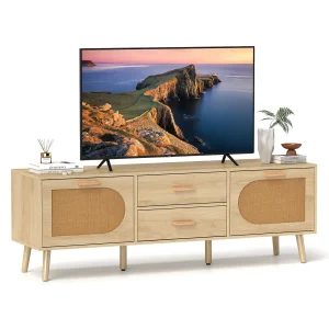 GOFLAME Rattan TV Stand for 65-Inch TV 150CM TV Console Cabinet with Drawers
