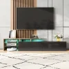PINGGO Modern TV Cabinet Design: Stylish And Elegant Practical Storage Space Black And Wood Look Glass Shelves LED Lighting