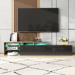 PINGGO Modern TV Cabinet Design: Stylish And Elegant Practical Storage Space Black And Wood Look Glass Shelves LED Lighting