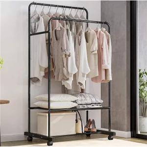 Metal Double Clothes Rail Rolling Garment Hanging Rack with 2 Tier Storage Shelves