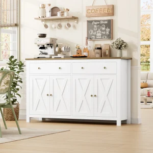 Getone Large Sideboard, Kitchen Sideboard Storage Cabinet with 2 Drawers 4 Doors for Living Room Dining Room White 140x40x89cm