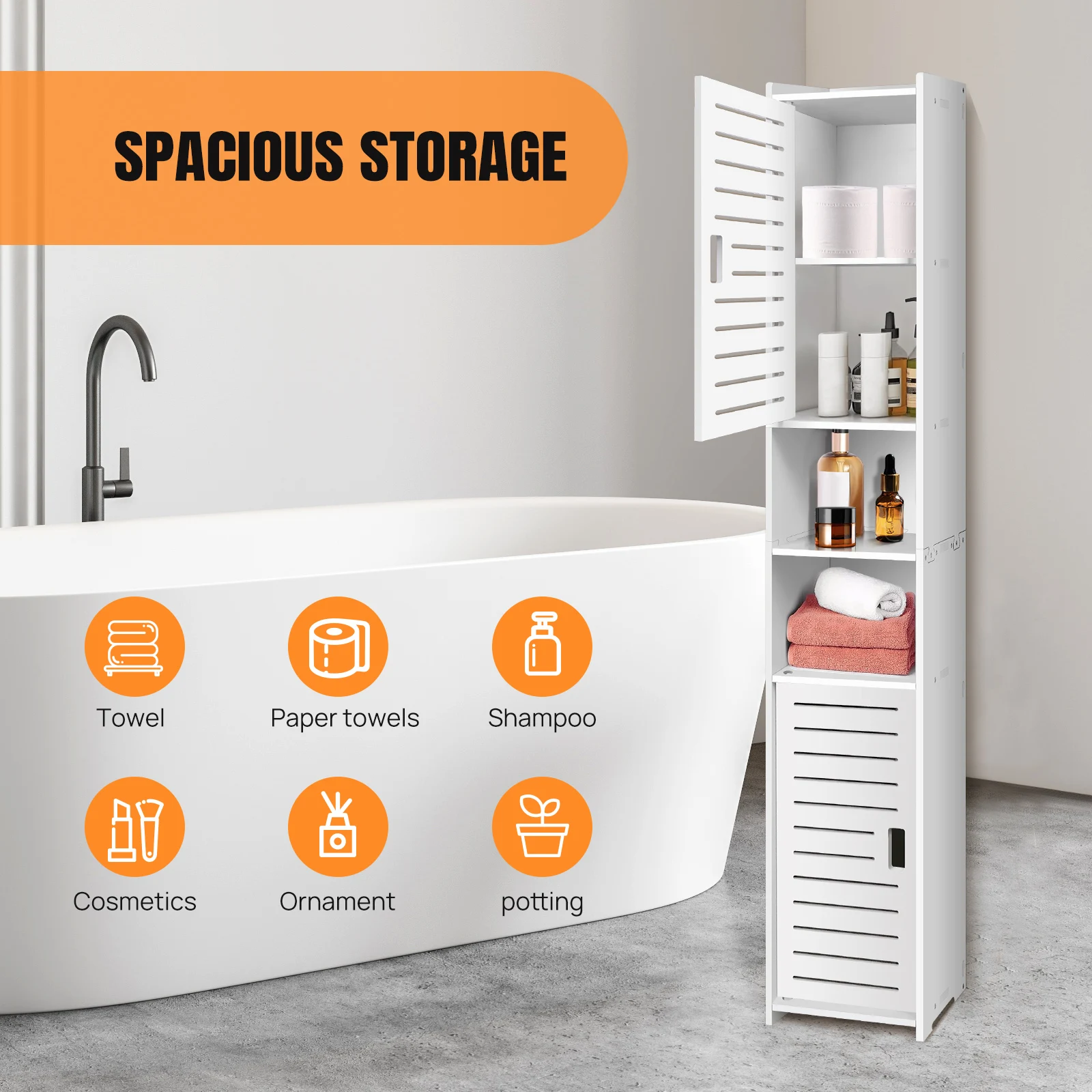 5-Tier Tall Mirrored Bathroom Cabinet Storage Cupboard PVC Floor Standing Tallboy Unit, for bedroom, living room display cabinet - Image 5