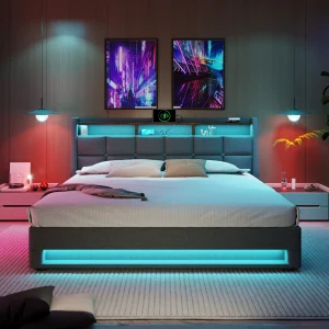 PINGGO Upholstered Double Bed with LED Lighting, Storage Headboard, 6FT Super King Size Storage Bed Frame (No Mattress)