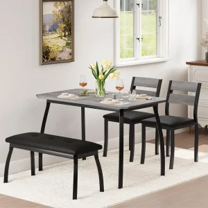 Space-Saving 4-Piece Dining Set with Table, 2 Chairs & Bench, Compact Kitchen Table Set for Small Spaces, Modern Dinette for Apa