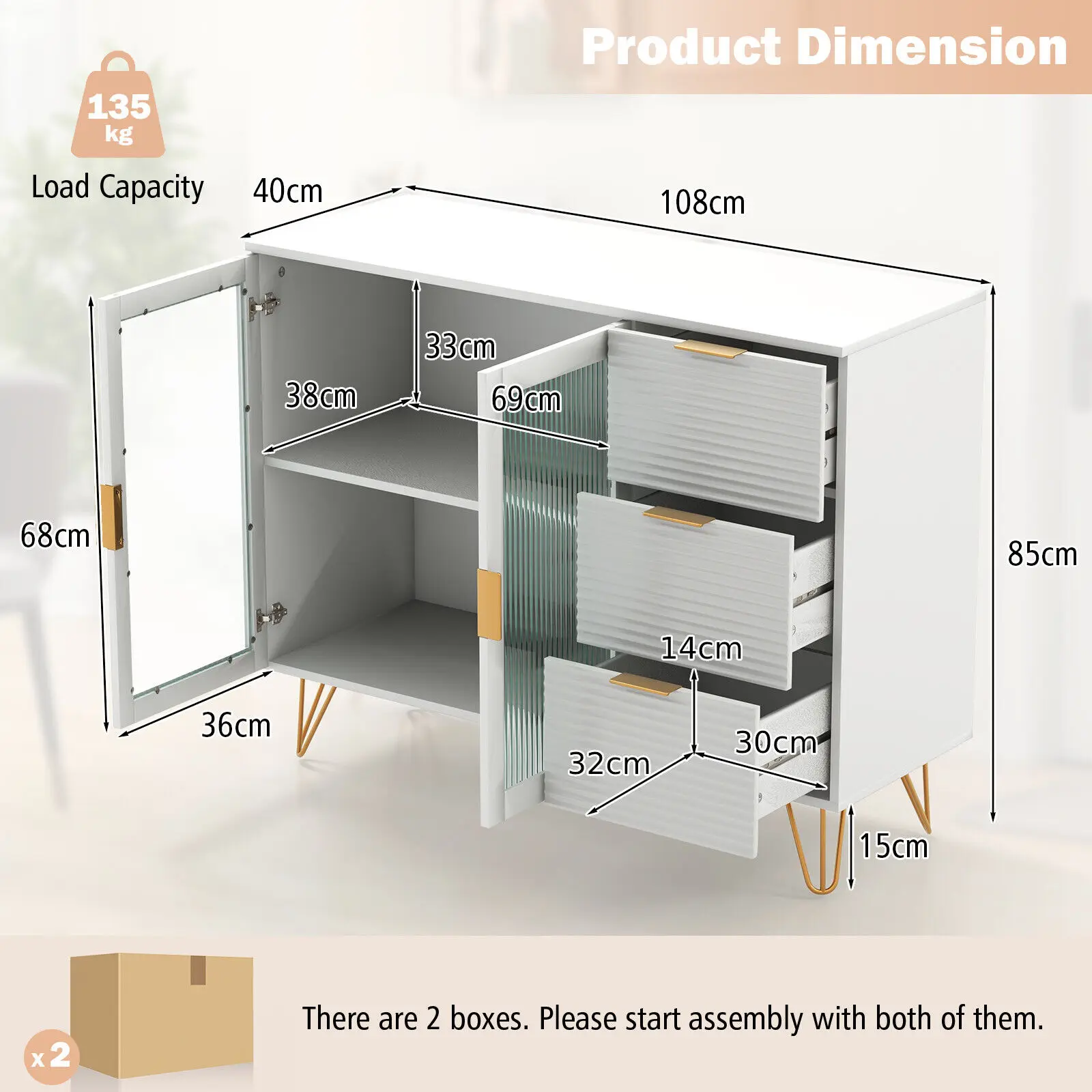 GOFLAME Buffet Cabinet Kitchen Modern Sideboard Storage Cabinet Coffee Bar with Drawers - Image 2