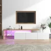 Modern TV Cabinet Design Stylish and Elegant Practical Storage High-gloss Wooden Look Glass Shelves LED Lighting (White)