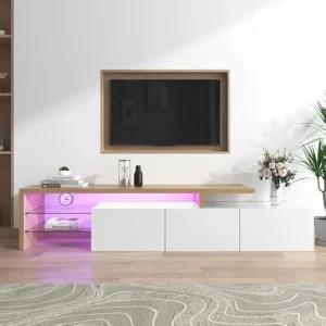 Modern TV Cabinet Design Stylish and Elegant Practical Storage High-gloss Wooden Look Glass Shelves LED Lighting (White)