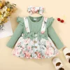 0-18 Months Newborn Baby Girl Clothes Baby Flower Romper Dress Long Sleeves Bodysuit+Headband Infant Girl 2PCS Cute Costume