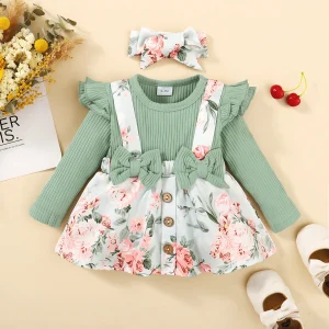 0-18 Months Newborn Baby Girl Clothes Baby Flower Romper Dress Long Sleeves Bodysuit+Headband Infant Girl 2PCS Cute Costume
