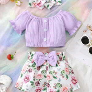 0-2 Year Old Newborn Girl Summer Casual Three Piece Set With Headband Top And Printed Shorts Set