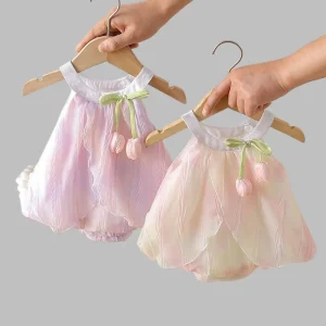 0-24M Newborn Girls Romper Dress 2026 New Summer Adorable Infant Baby Girls Tulip Decor Sling Princess Bodysuit Soft Clothes