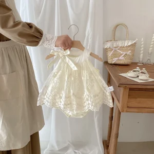 0-2Y Baby Girl Romper Dress Cotton Soft Birthday Outfit 2026 Summer Infant Sleeveless Princess Bodysuit with Lace Embroidery Bow