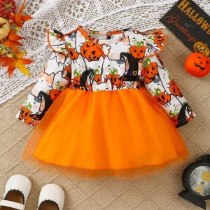 0-3 Years Baby Girl Halloween Dress Long Sleeve Cute Kitten Pumpkin Print Mesh Dress Vacation Toddler Girl Party Costumes