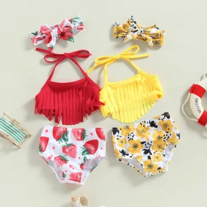 0-3Y Summer Baby Swimwear Girls 3 Piece Halter Bikini Set Strawberry Print Tassel Bathing Suits Toddler Swimsuits Kids Beachwear