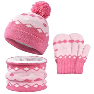 1-6Y Autumn Winter Children Baby Knit Gloves Hat Scarf 3pcs Suit Outdoor Windproof Warm Velvet Kids Boy Girl Ring Muffler Hats