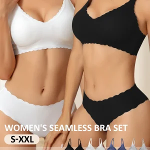 1 Set Solid Color Seamless Bra Panties Women Underwear Set Soft Breathable Removable Padding Ruffled Bralette Ultra-thin Briefs