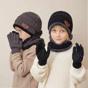 1 Set Winter Children Baby Knit Gloves Hat Scarf 3pcs Suit Outdoor Windproof Velvet Warm Kids Boys Ring Muffler Hats and Caps