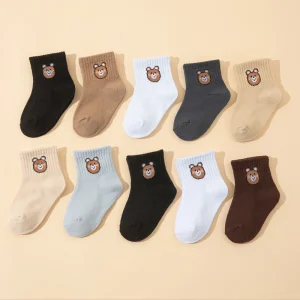 10 pairs cute little bear casual short elastic mid-calf socks, baby socks, boys' socks, girls' socks, children's socks