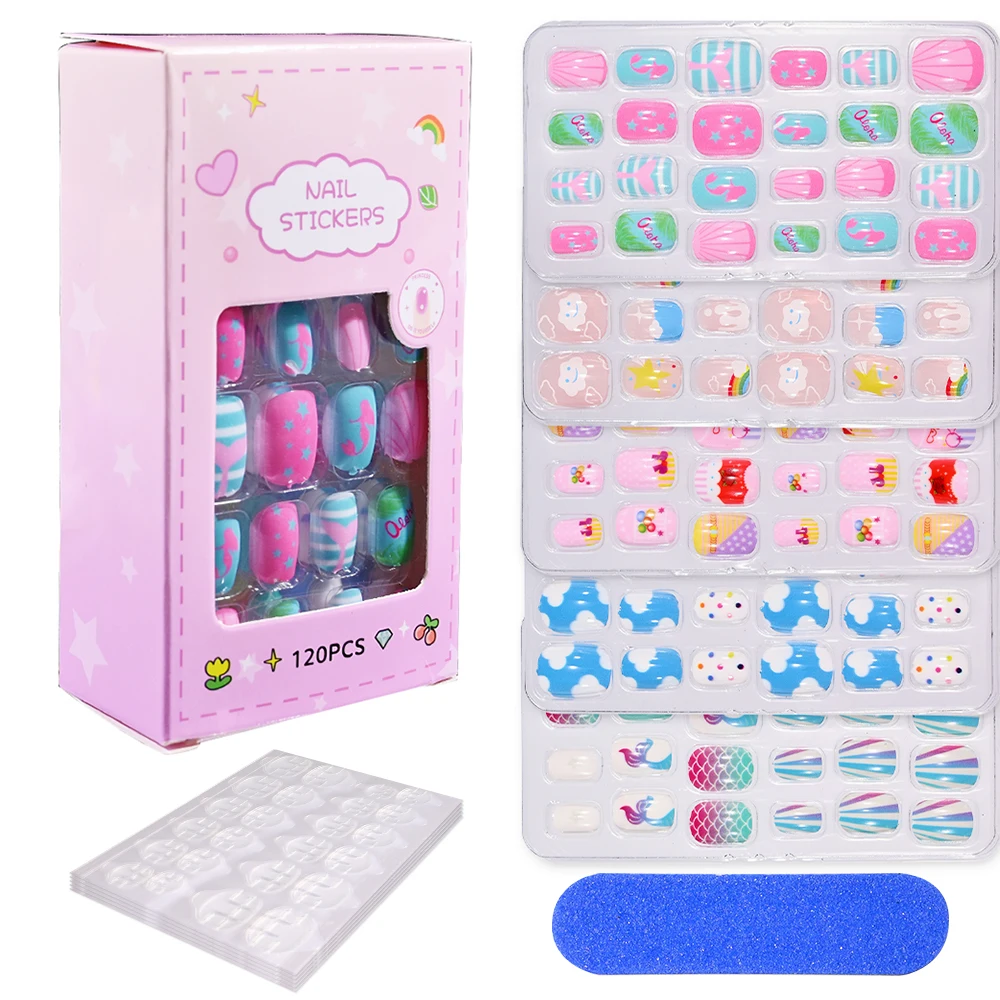 120/24pcs/box Kids Cartoon Pattern Wearing Fake Nails with 5pcs Jelly Glue & 1 Pcs File Candy Color Children Press On Fake Nails - Image 2