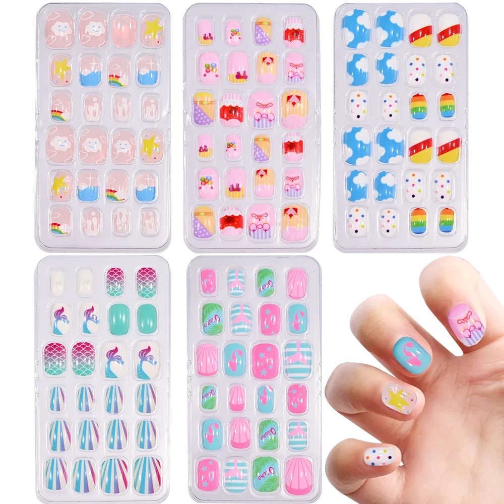 120/24pcs/box Kids Cartoon Pattern Wearing Fake Nails with 5pcs Jelly Glue & 1 Pcs File Candy Color Children Press On Fake Nails - Image 3