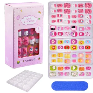 120/24pcs/box Kids Cartoon Pattern Wearing Fake Nails with 5pcs Jelly Glue & 1 Pcs File Candy Color Children Press On Fake Nails