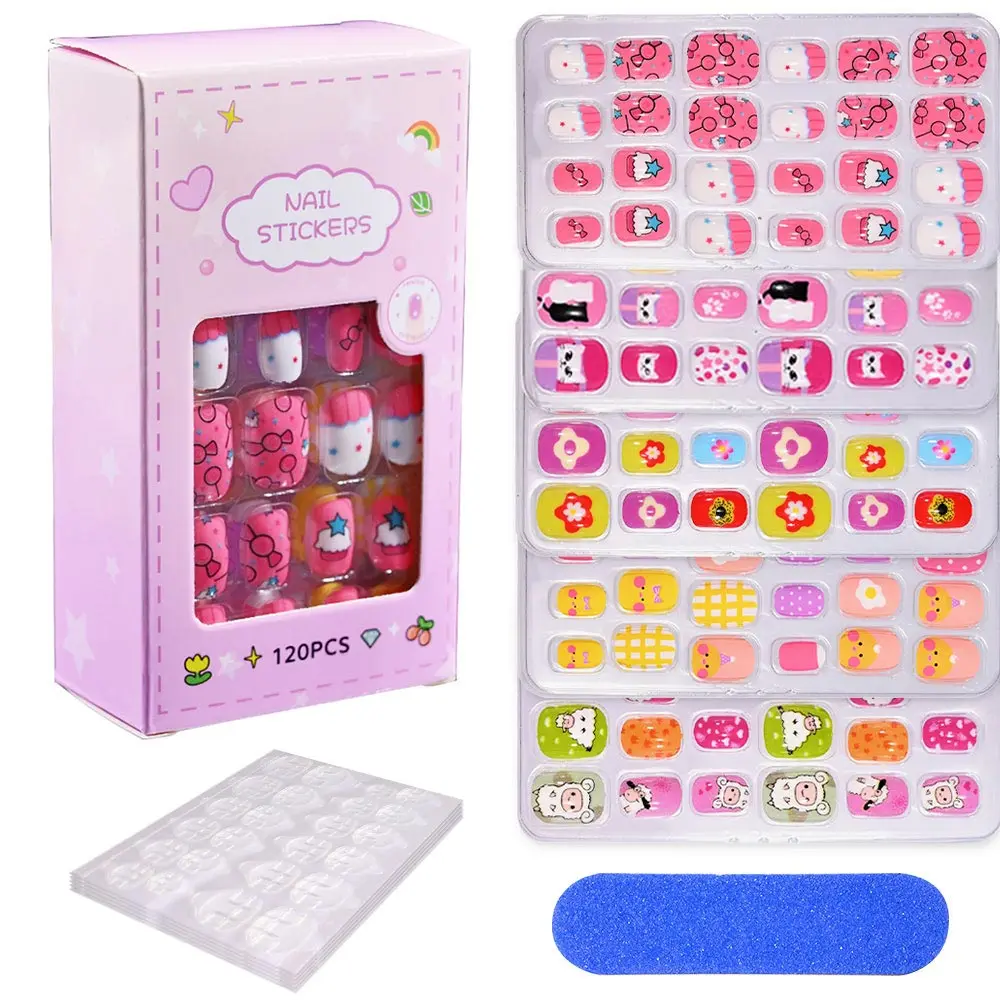 120/24pcs/box Kids Cartoon Pattern Wearing Fake Nails with 5pcs Jelly Glue & 1 Pcs File Candy Color Children Press On Fake Nails